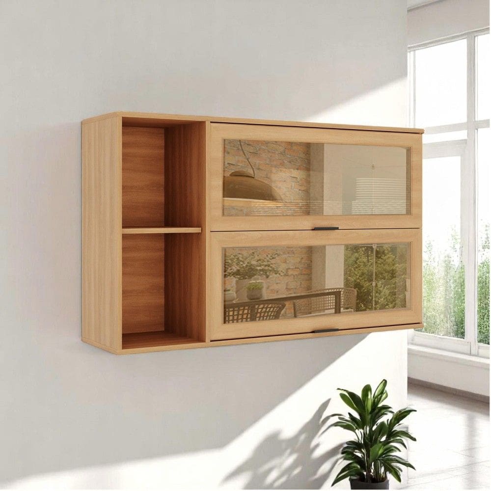 Armário Aéreo Castanha 1200mm com 2 Portas de Vidro Cinza/Freijó