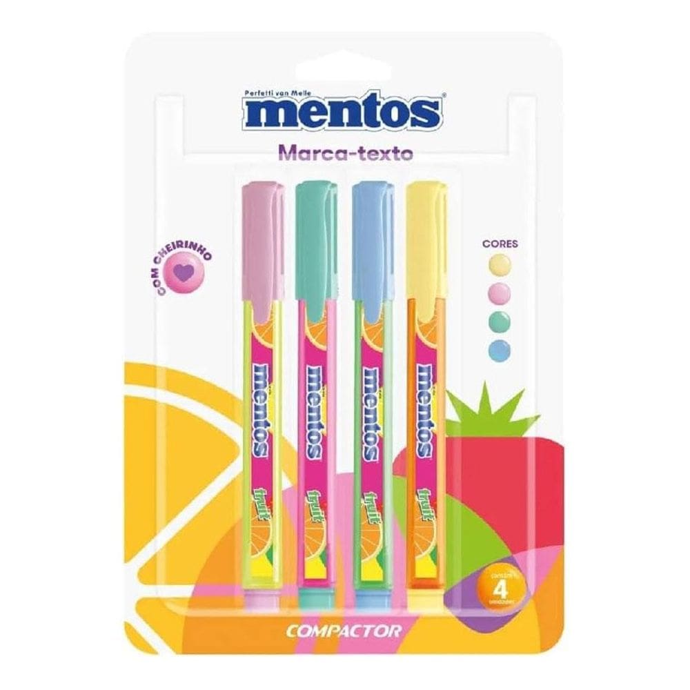 Pincel marca texto Mentos Pastel com 4 unidades - Compactor
