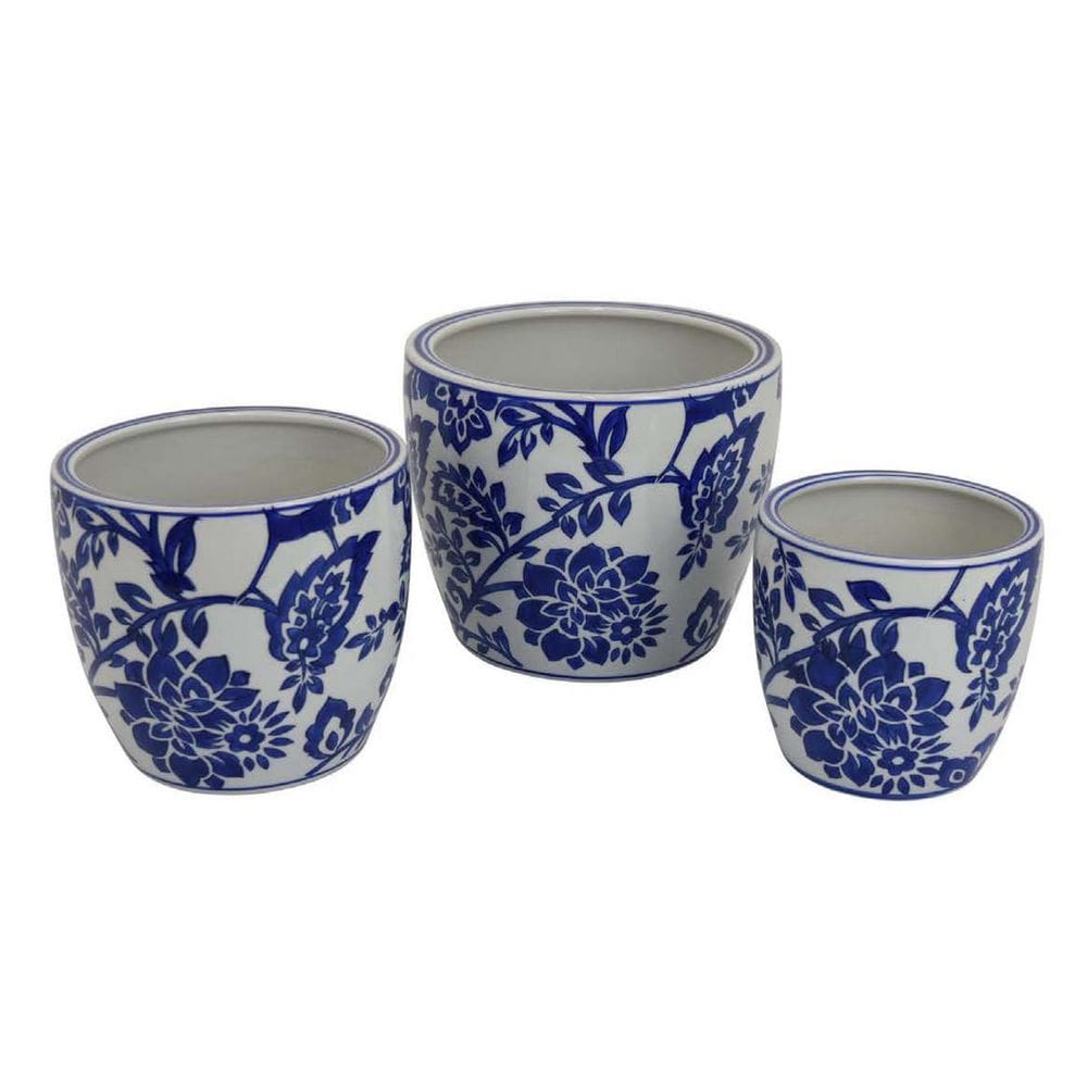 Conjunto de plantador Benzara, 3 peças de cerâmica branca, azul, floral