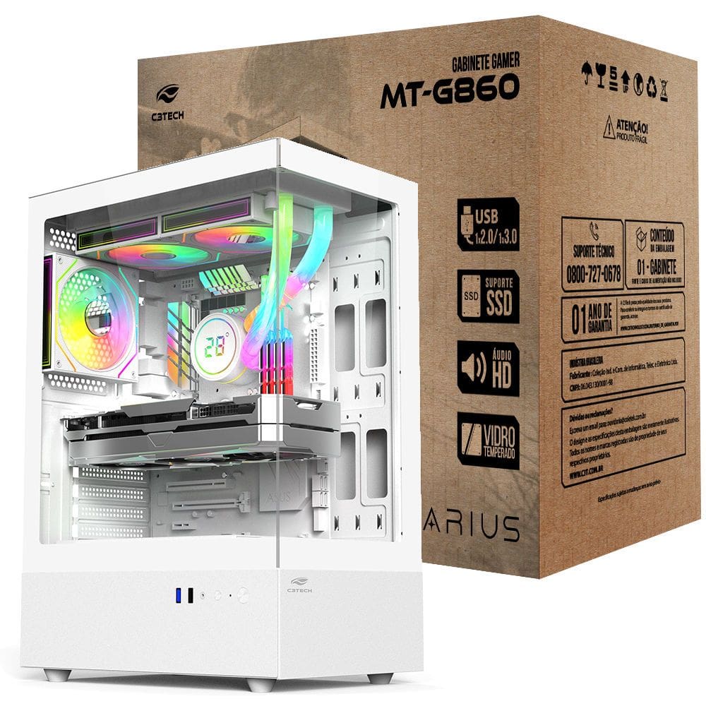 Gabinete Gamer C3Tech Aquário MT-G860WH, Mid Tower, Vidro Temperado, Compatível Water Cooler, S/ Fonte, Branco-Aquarius