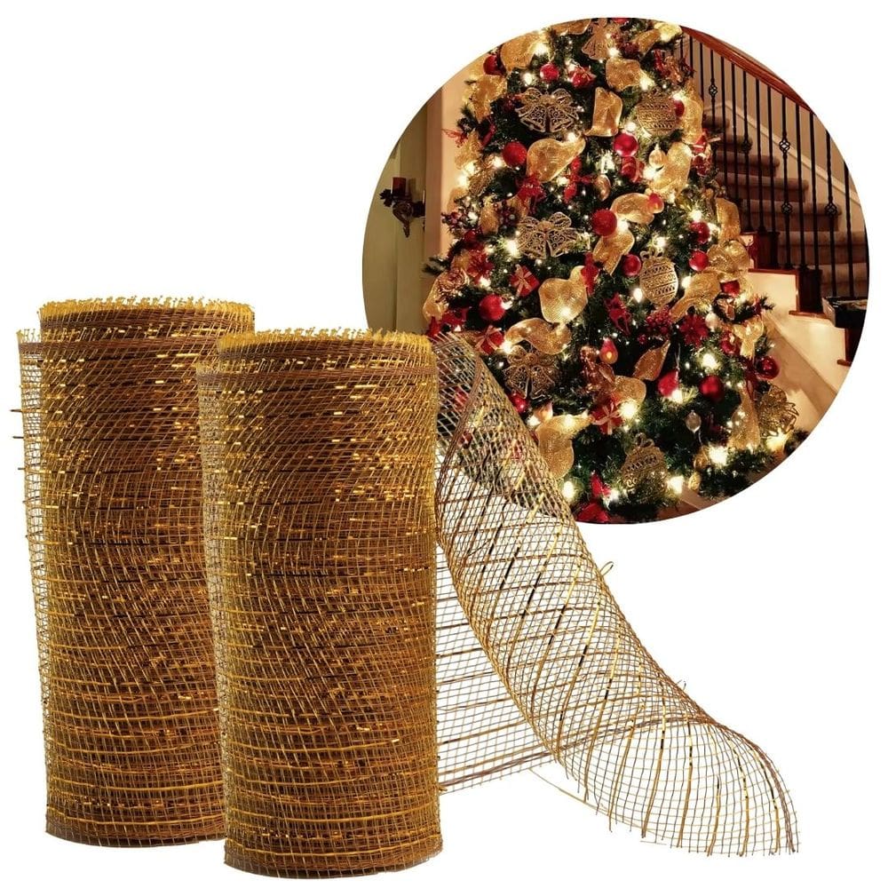 Kit 2 Fitas Decorativa Natal Tela Tule Dourada Premium Trançada 15cm x 5m Flexível Para Laços e Árvores