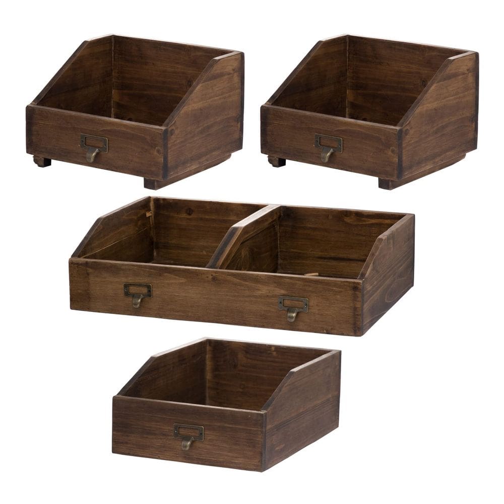 Conjunto de caixas de madeira Benzara Fir Wood Antique Brown 4 unidades