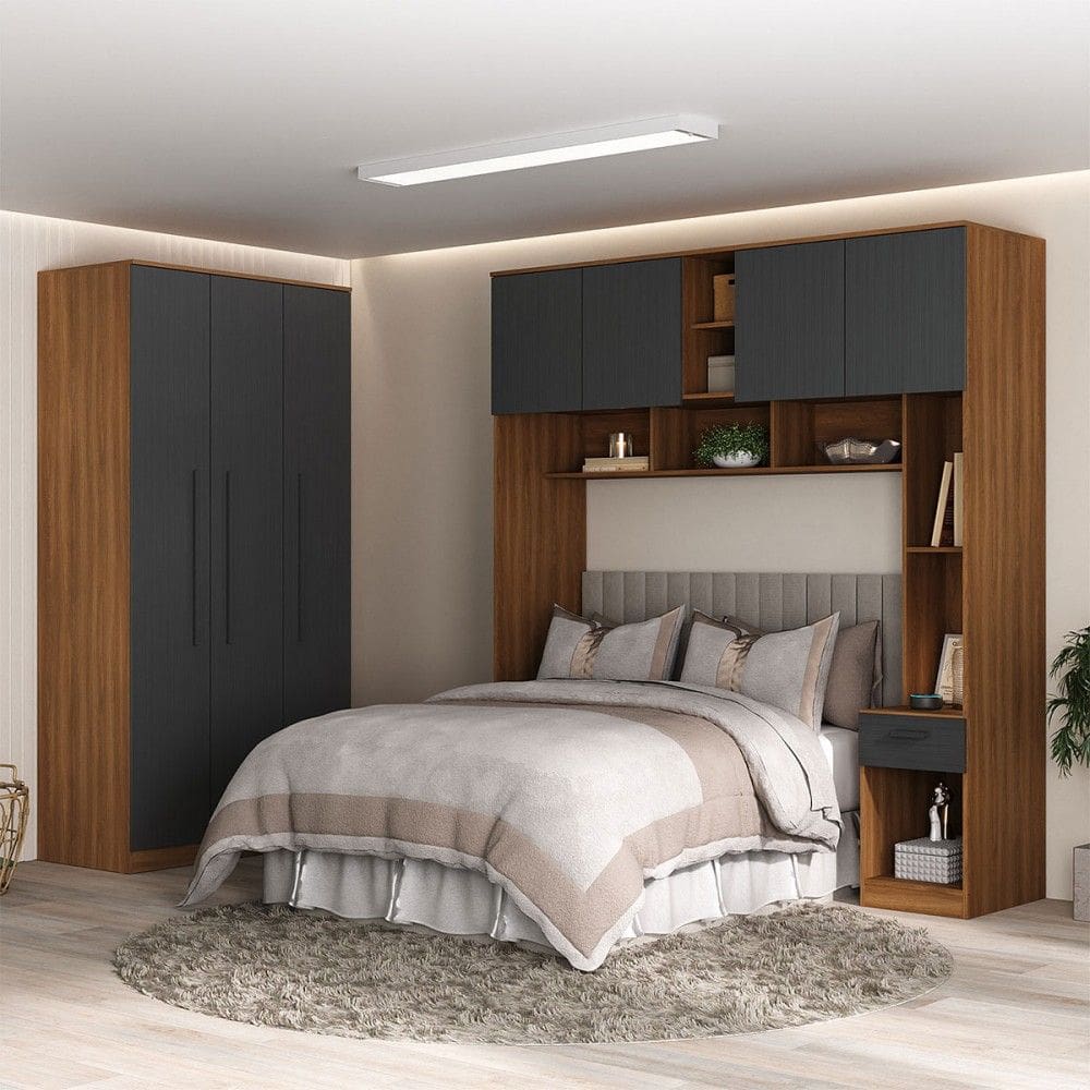 Guarda-Roupa Casal Modulado Lugano 7 Portas 3 Gavetas Nogal/Grafite - Hecol Móveis