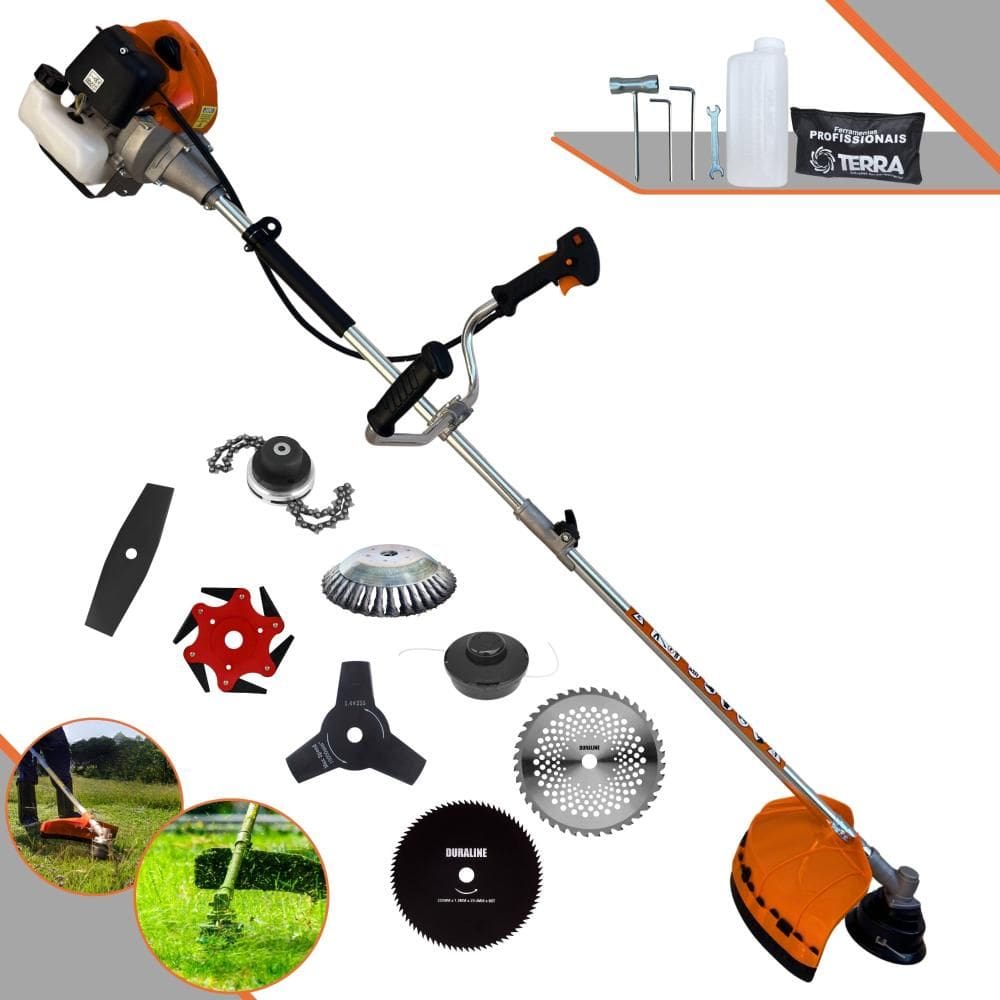 Roçadeira Terra GRHB430 Bi-Partida Com Carretel + Faca 2 Pontas + Faca 3 Pontas + Faca 6 Pontas + Faca 40 Dentes + Faca 80 Dentes + Trimmer + Escova