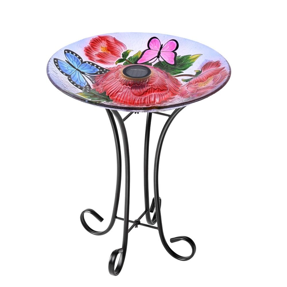 Banheira solar LED de vidro floral para pássaros com suporte de presente Hi-Line