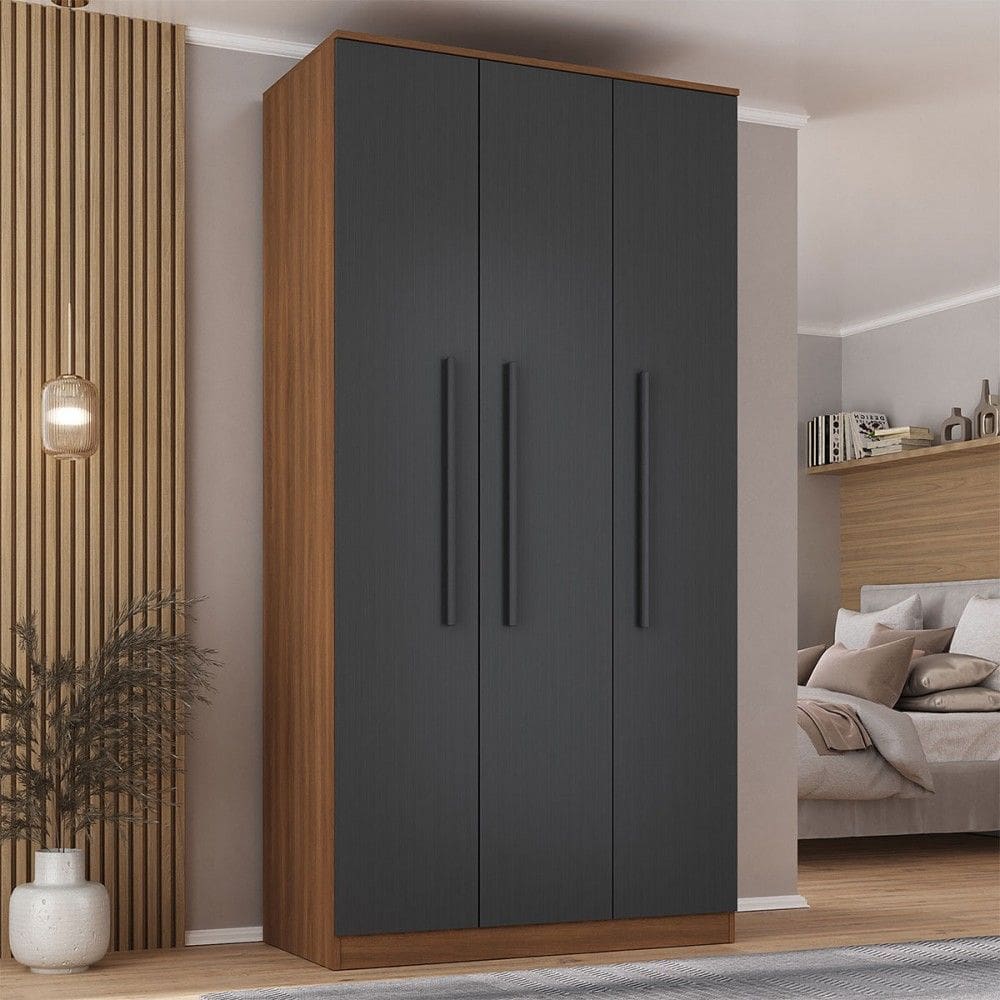 Guarda-Roupa Solteiro Lugano 3 Portas 2 Gavetas Nogal/Grafite - Hecol Móveis