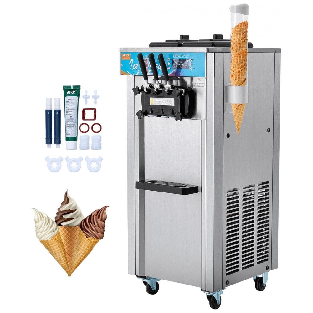 Máquina de Sorvete Comercial VEVOR, Produção de 21L por Hora, 1800W 3 Sabores Soft Serve, 2 Cilindros em Aço Inoxidável de 5.5L