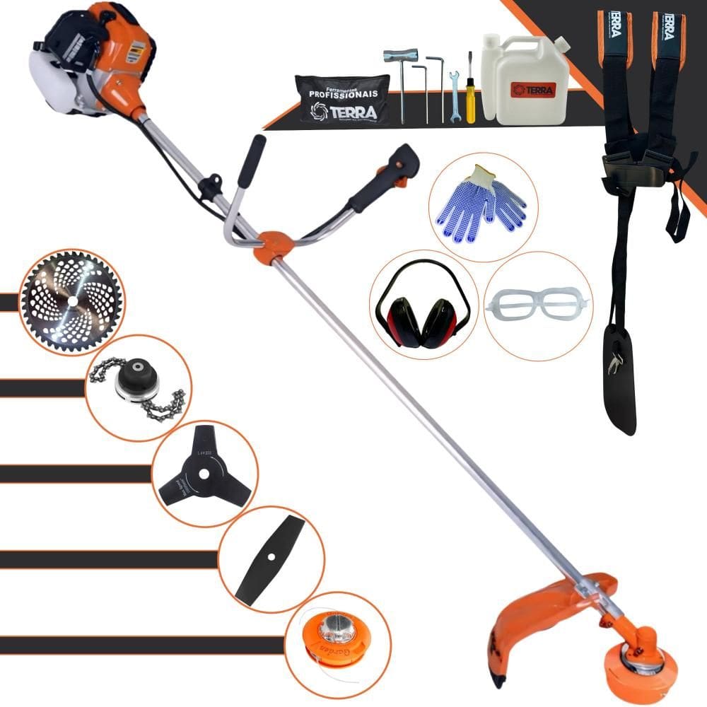 Roçadeira À Gasolina Terra GR520-XP 2T 2,5HP 52cc Alta Performance Com Carretel + Faca 2 Pontas + Faca 3 Pontas + Faca 40 Dentes Vídea + Trimmer + EPI