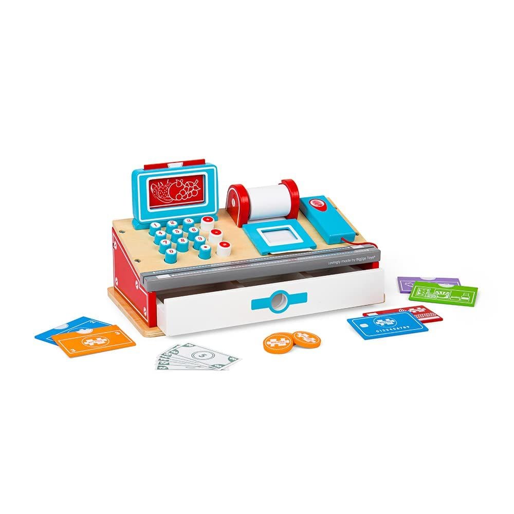 Bigjigs Toys Wooden Shop Till com scanner Pretend Play