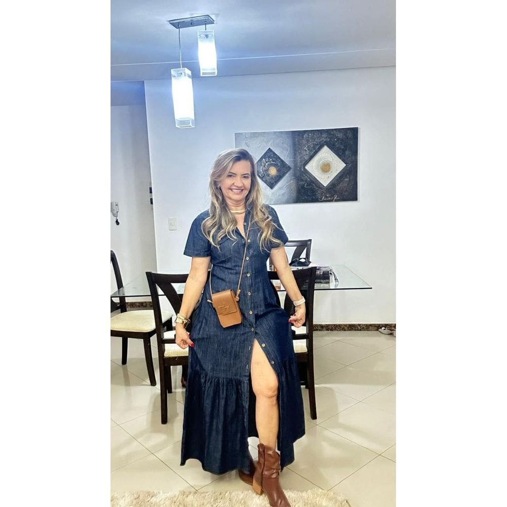 Vestido Longo Jeans Premium Com Mangas Fechamento Botões Crisconf