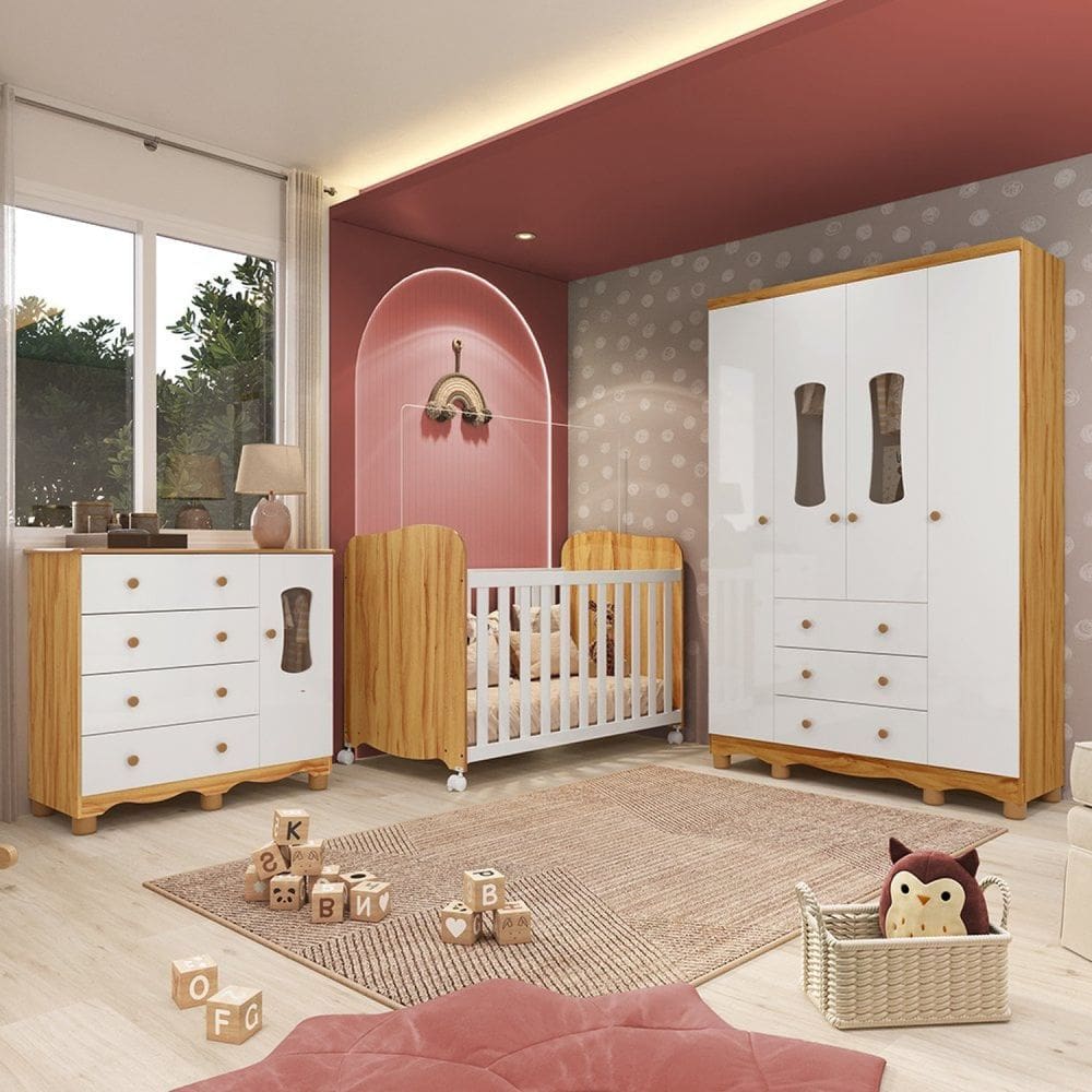 Quarto de Bebê com Guarda-Roupas 4 Portas Janeladas Cômoda e Berço 100% MDF Lana Espresso Móveis Branco Brilho/Amêndoa