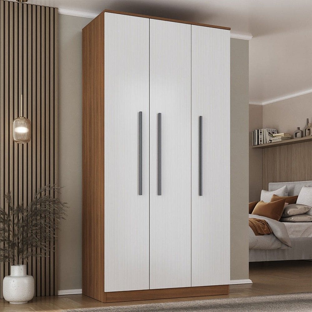 Guarda-Roupa Solteiro Lugano 3 Portas 2 Gavetas Nogal/Branco - Hecol Móveis