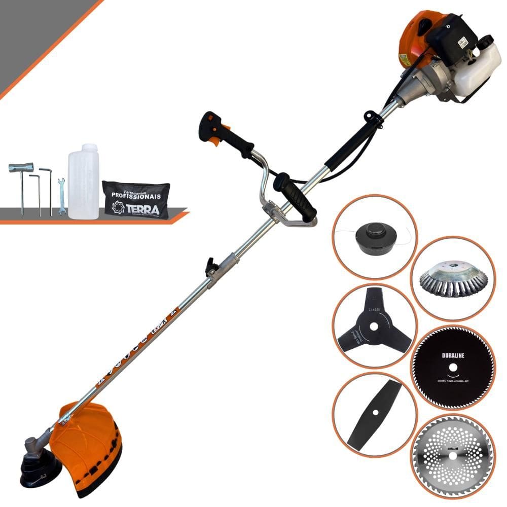 Máquina de Cortar Grama À Gasolina Terra GRHB430 Bi-Partida 43cc 1,7HP 12000rpm Roçadeira Com Carretel + 4 Lâminas de Cortes + Escova de Aço 38 Cerdas