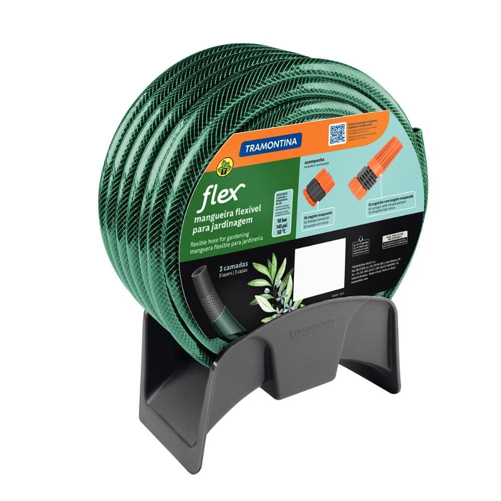 Mangueira de Jardim Flex Verde Pvc 3 Camadas 20m Engate, Esguicho, Suporte - Tramontina 79322200
