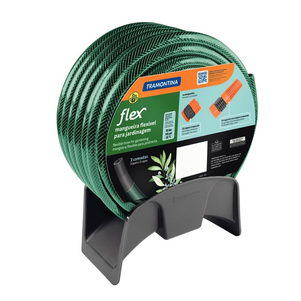 Mangueira de Jardim Flex Verde Pvc 3 Camadas 25m Engate, Esguicho, Suporte - Tramontina 79322250