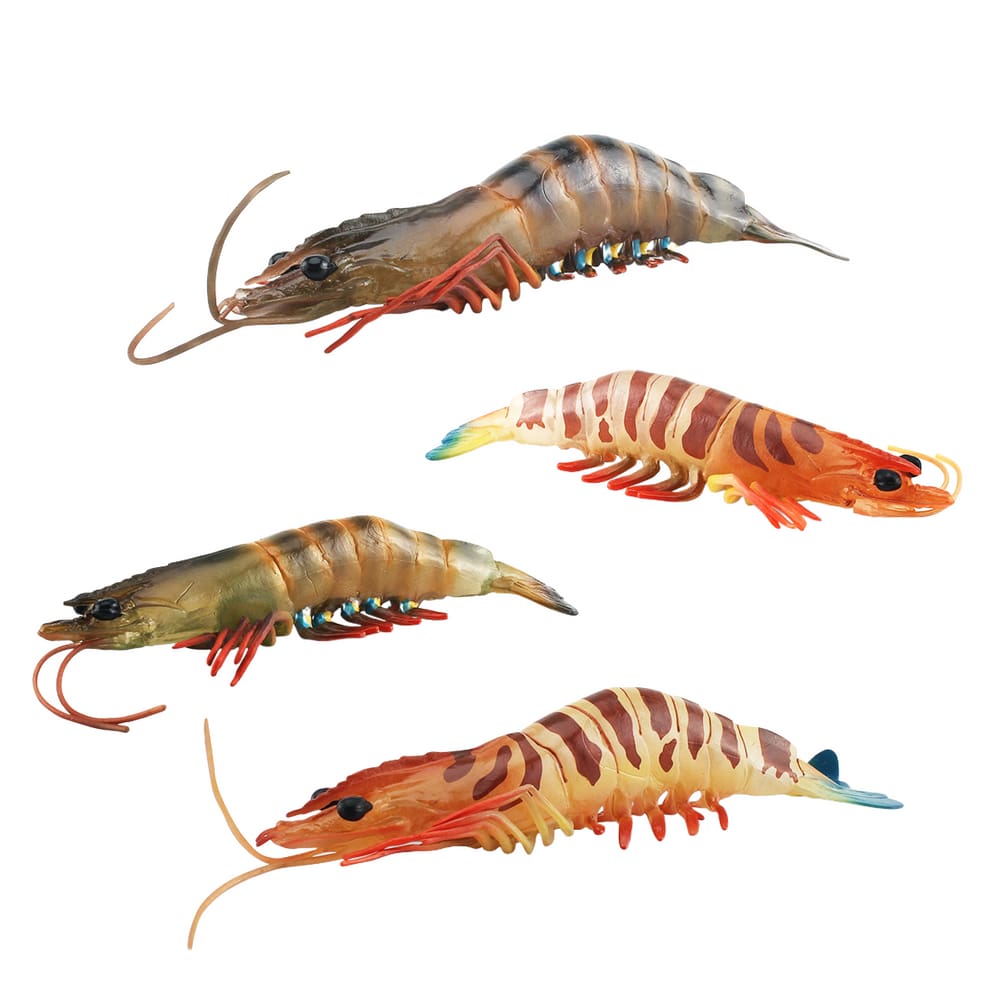 Conjunto de estatuetas de camarão realista, 4 peças, modelo de animal oceânico em PVC