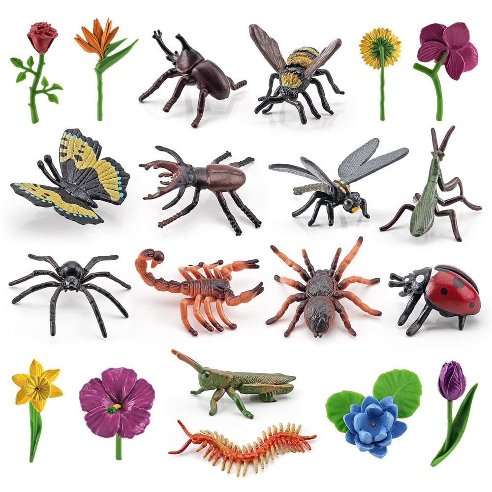 Conjunto de estatuetas de flores e insetos, 20 peças, modelos de PVC, educação infantil