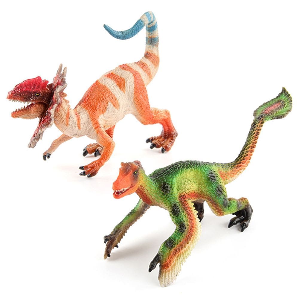 Conjunto de figuras de dinossauros: lagarto de crista dupla e dromeossauro do Arizona