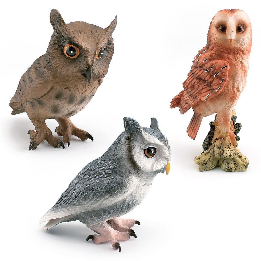 Conjunto de estatuetas de coruja realista, 3 peças de PVC, modelos de pássaros selvagens para crianças