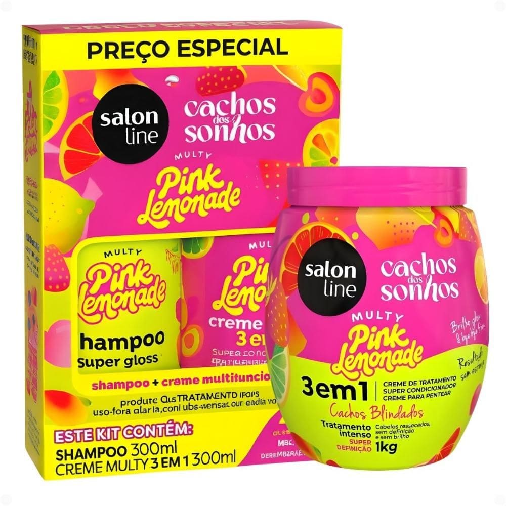 Kit Salon Line Pink Lemonade Cachos Dos Sonhos: Shampoo e Creme Multifuncional 300ml + Creme Capilar 1kg