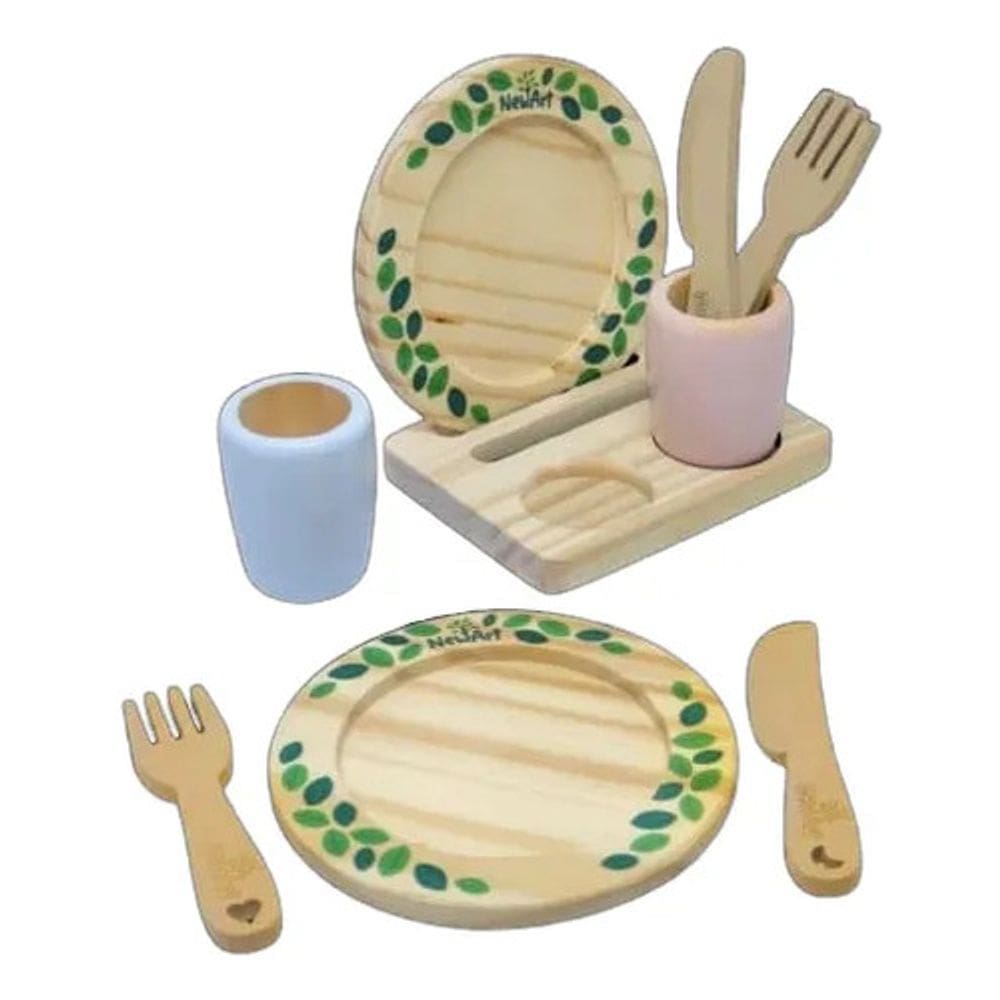 Brinquedo Utensílio Refeição Prato Copos Madeira 9Pçs Newart