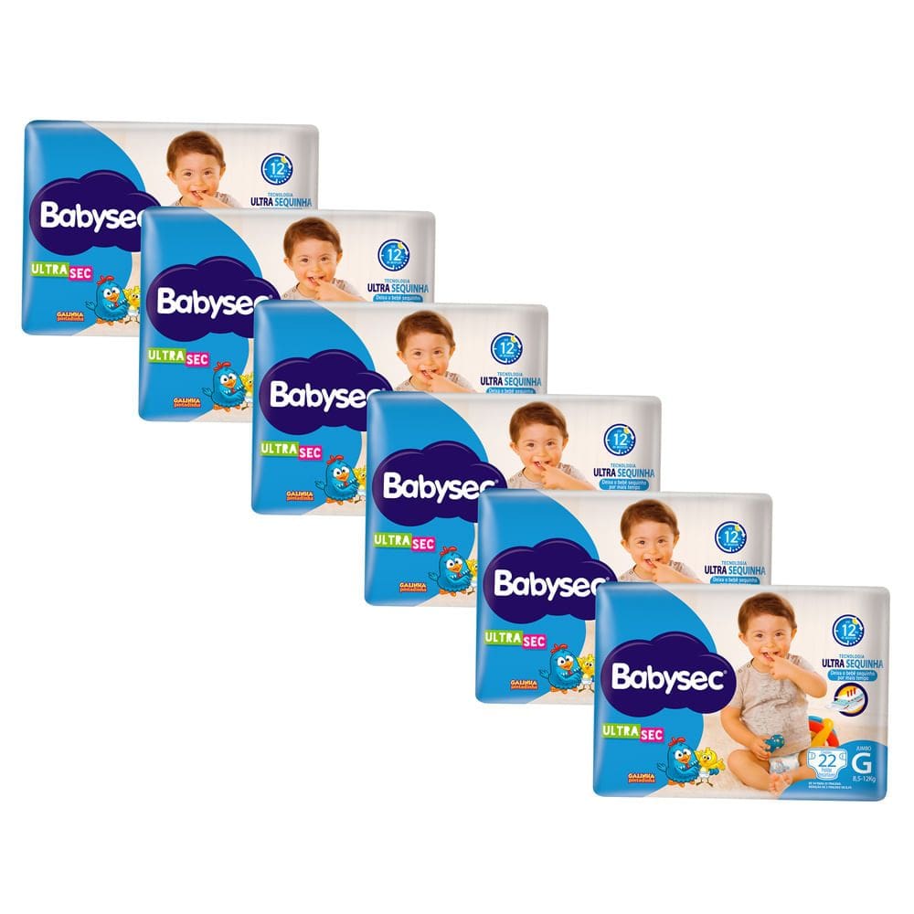 Kit 6 Fralda Babysec Ultrasec Tamanho G Pacote Jumbo 22 Unidades Descartáveis