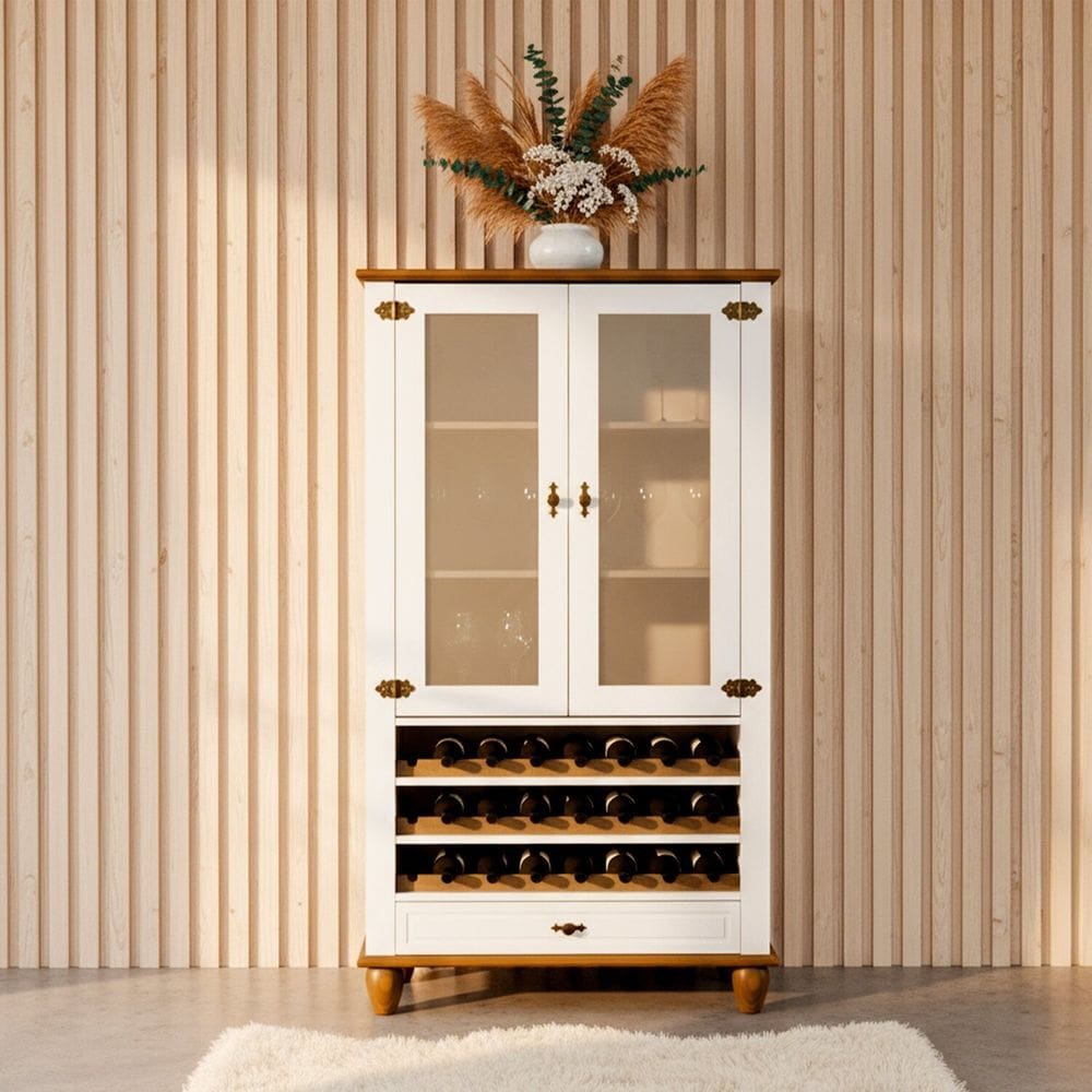 Cristaleira Adega Alta 2 Portas 1 Gavetas Tampo Base e Pés em Madeira Maciça Joy Off White