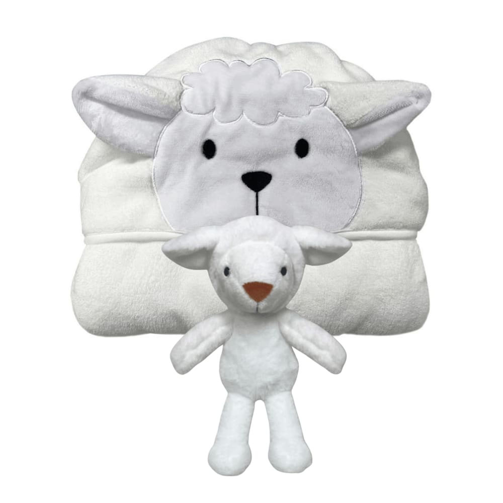 Kit Ovelha - Toalha de Banho com Capuz + Bicho de Pelúcia - Laço Bebê