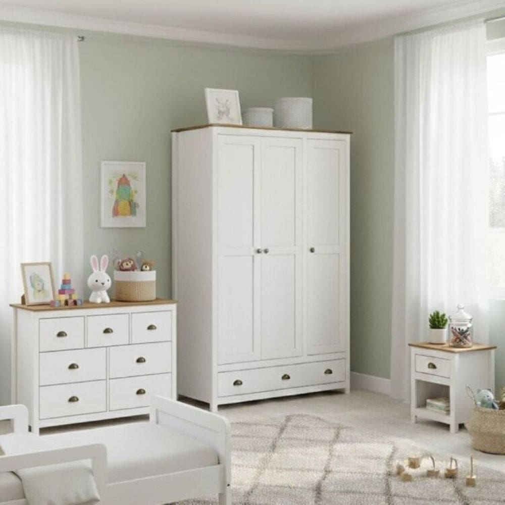 Conjunto infantil Guarda-Roupa 2 Portas + Cômoda 7 Gavetas + Mesa de Cabeceira –100% Madeira Maciça Branco/Freijó