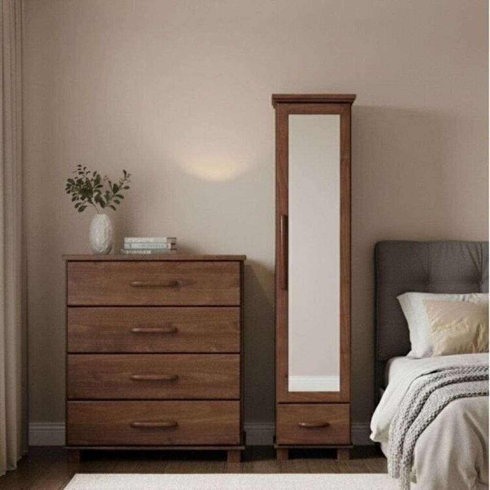Conjunto Cômoda 4 Gavetas + Sapateira com espelho - 100% Madeira Maciça - Linha Ouro Café