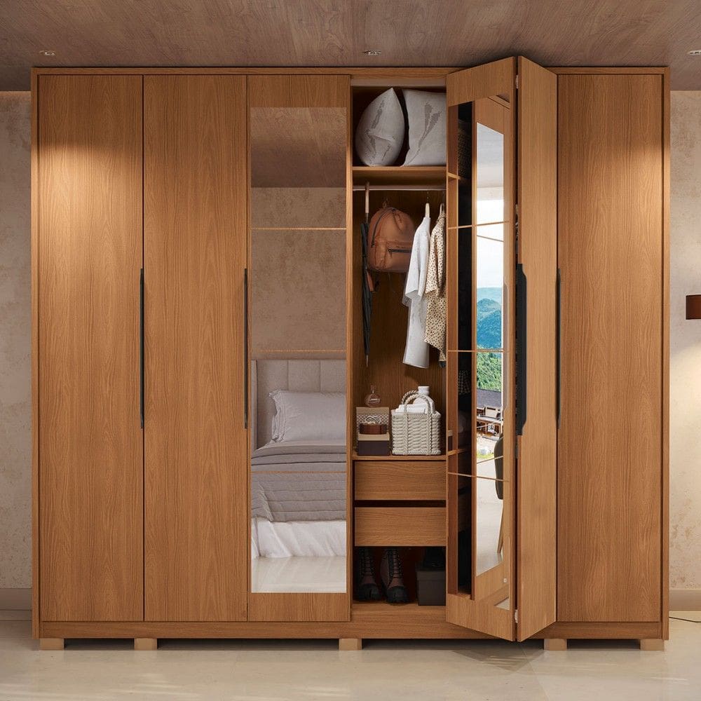 Guarda-Roupa Casal Vernet  6 Portas 4 Gavetas com Espelho Canela - Kappesberg