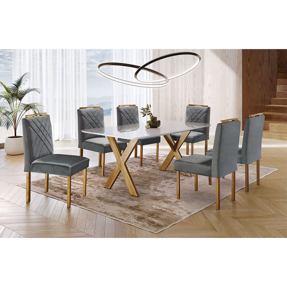 Conjunto Sala de Jantar 6 Lugares Mesa Munique Tampo com Vidro e Cadeiras Madeira Maciça Imperial Móveis Mundial