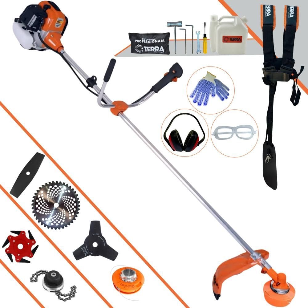 Roçadeira Multifuncional Terra GR520XP À Gasolina 2T 52cc 2,5HP Alta Rotação Ideal Para Todos os Tipos de Trabalhos Com 6 Opções de Cortes + EPI