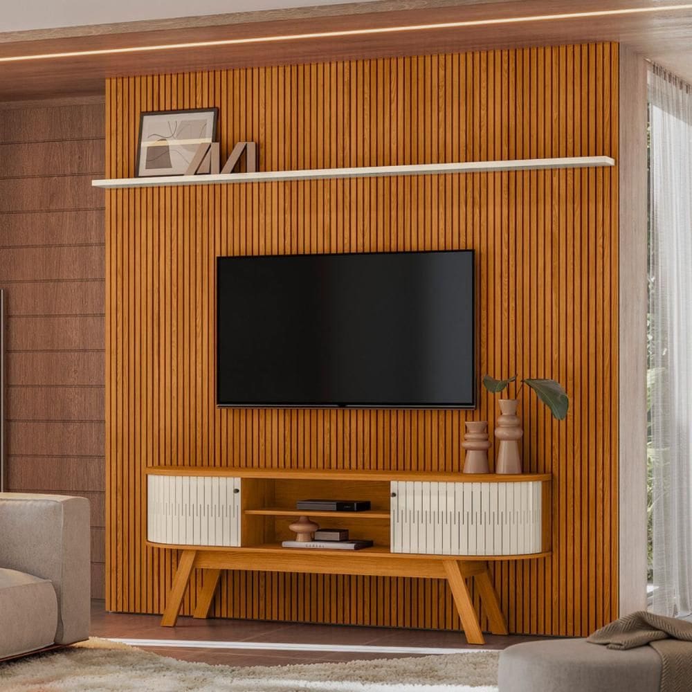 Kit New Amalfi Painel e Aparador Rack Cinamomo/Off-White