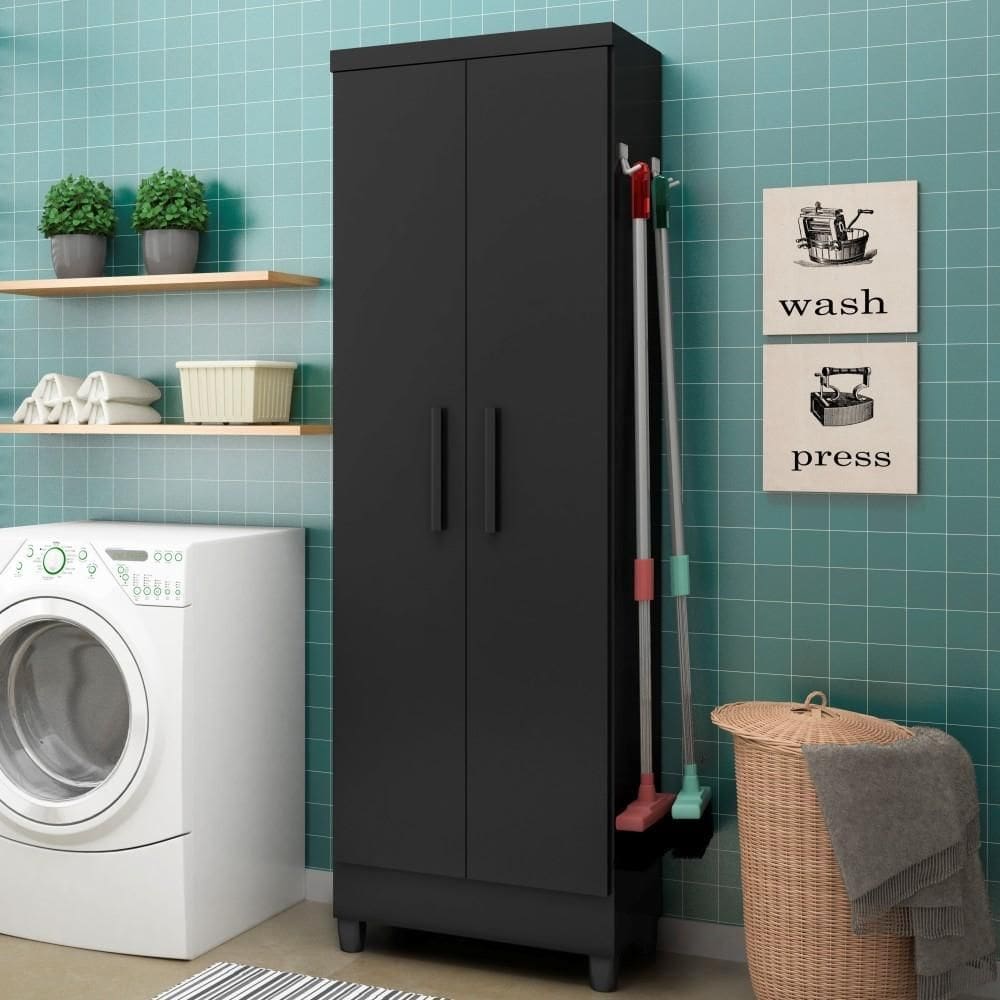 Armário Multiuso Barcelona 2 Portas c/ Gancho para Vassouras e Rodo Preto Fosco