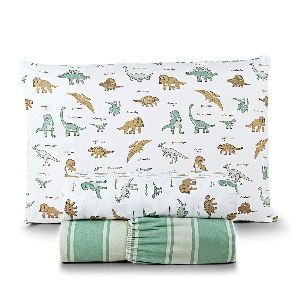 Jogo de Cama Lençol Lutti Solteiro Infantil 200 Fios Estampado 3 Peças Dinossauro Verde