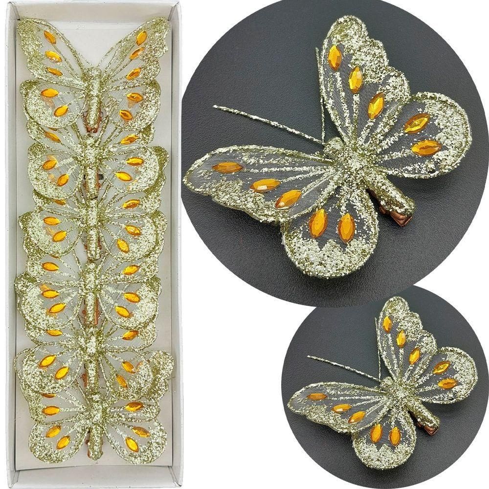 Presilha Prendedor Enfeite Borboleta Natal Dourado 8cm 12pçs