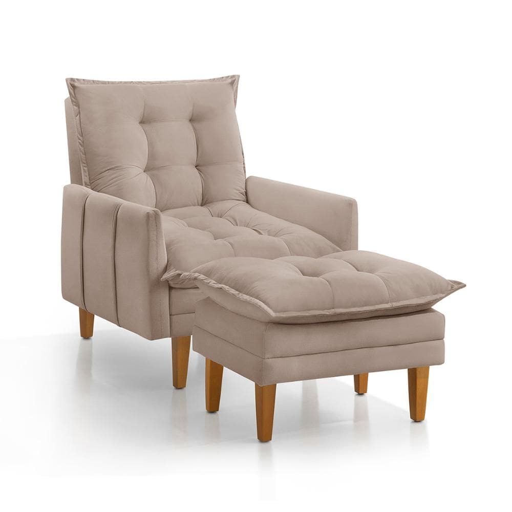 Poltrona Khali Reclinável com Puff Madeira Maciça em Veludo