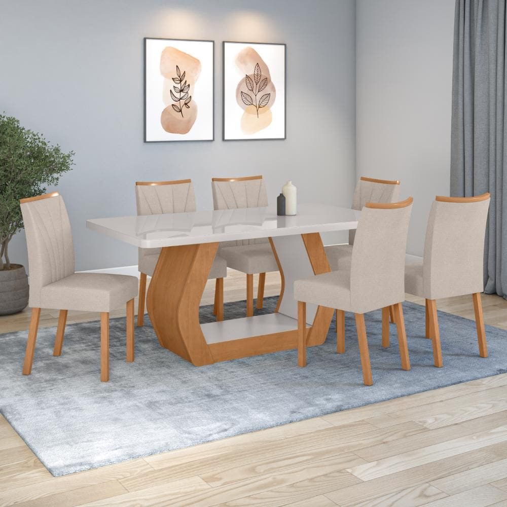 Conjunto Sala de Jantar Mesa Easy Tower 170x90cm MDF/Vidro com 6 Cadeira Armoni Boucle Bege Amendoa/off White