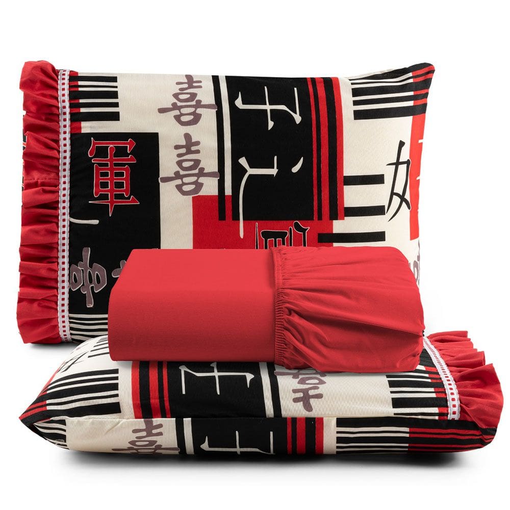 Jogo Cama Lençol Fiore Casal Padrão Estampado 180 Fios 100% Algodão com Babadinho 3 Peças Vermelho Oriental Japonês