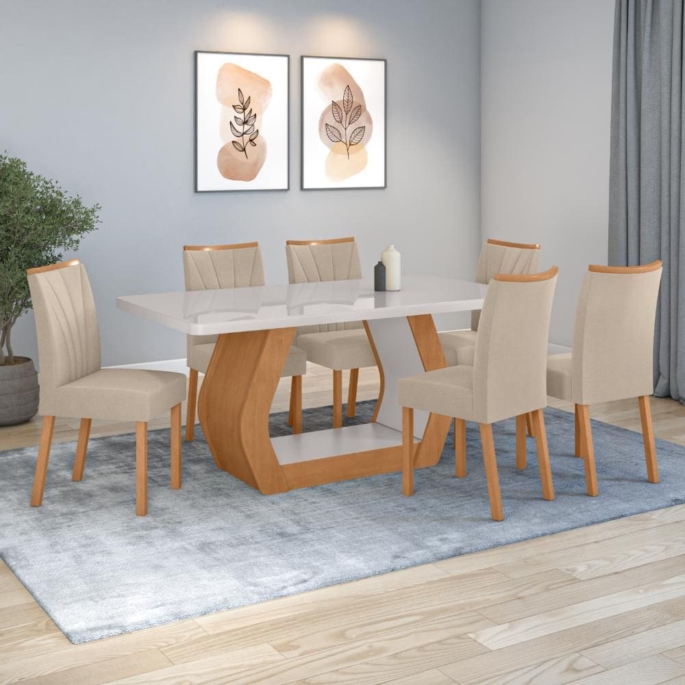 Conjunto Sala de Jantar Mesa Easy Tower 170x90cm MDF/Vidro com 6 Cadeiras Armoni  Veludo Naturale Creme Amendoa/off White