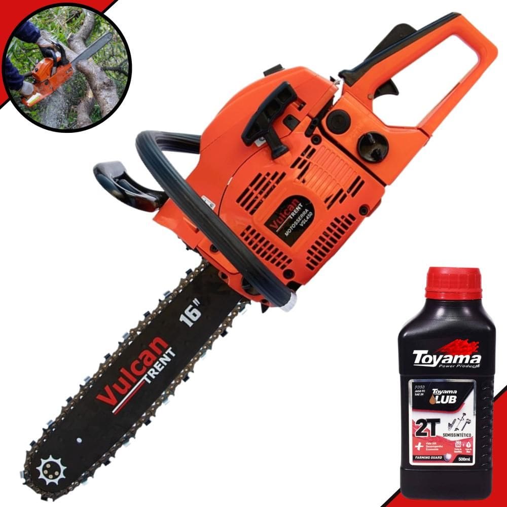Motor Serra Moto Serra Motosserra Vulcan VSL450 + ÓLEO TOYAMA À Gasolina 2T 45cc 2,3HP Sabre 16’’ Alto Desempenho Ideal Para Todos os Tipos de Corte
