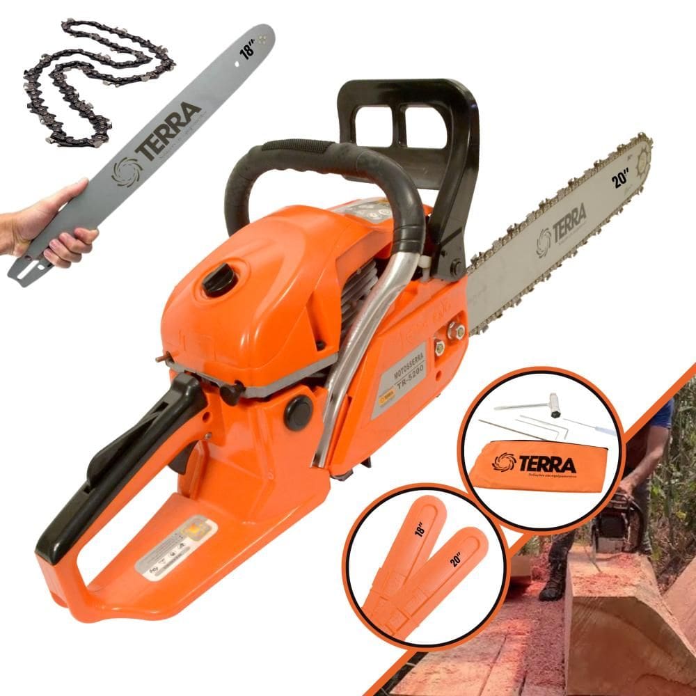 Motosserra Terra MT-520 À Gasolina Motor 2T 52cc 2,5HP Alta Rotação Com Sabres 18 e 20 Polegadas Ideal Para Poda de Galhos e Corte de Árvores