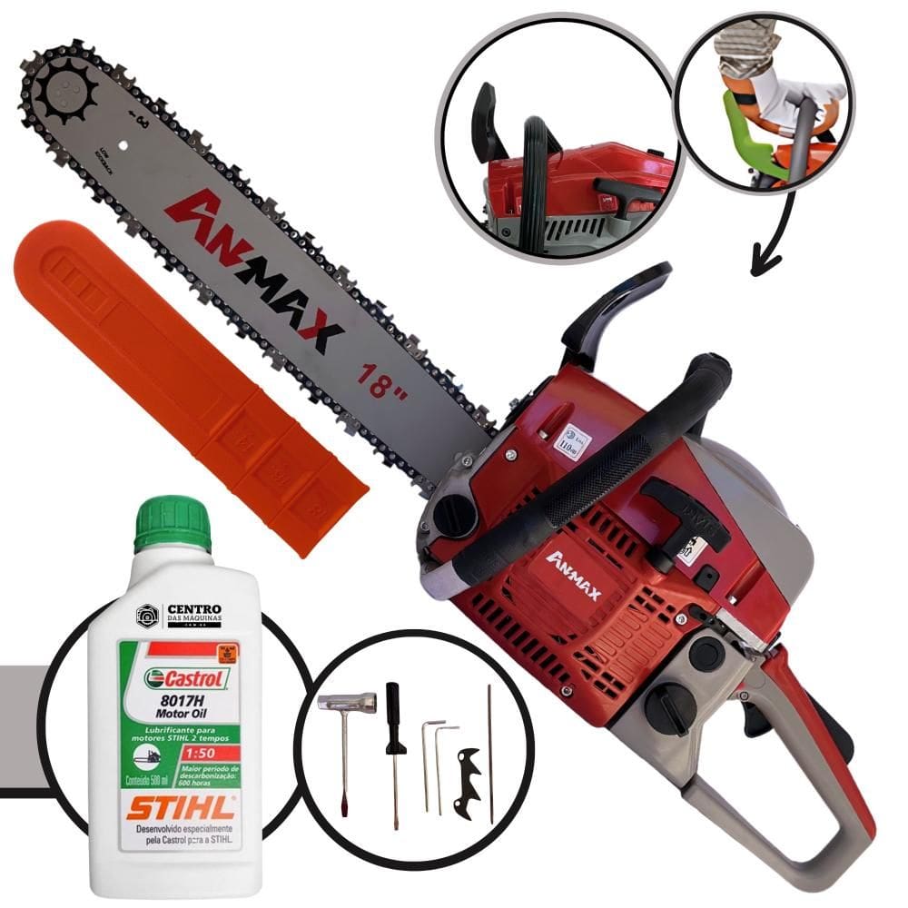 Motor Serra Motosserra À Gasolina Anmax CS5200B 52cc 2,7HP 11.000rpm Forte e Econômica Sabre 18 Polegadas Ponta Rolante + ÓLEO STIHL 2 TEMPOS