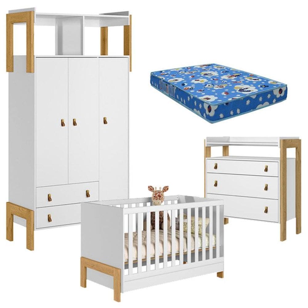 Quarto de Bebê Fantasia Branco Acetinado com Colchão Tend Tudo – Qmovi