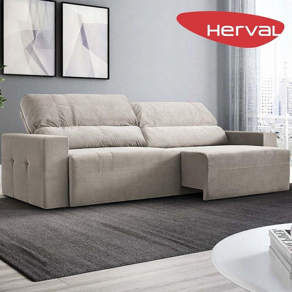 Sofá Retrátil e Reclinável 4 Lugares Herval Village Veludo Bege, 260 cm