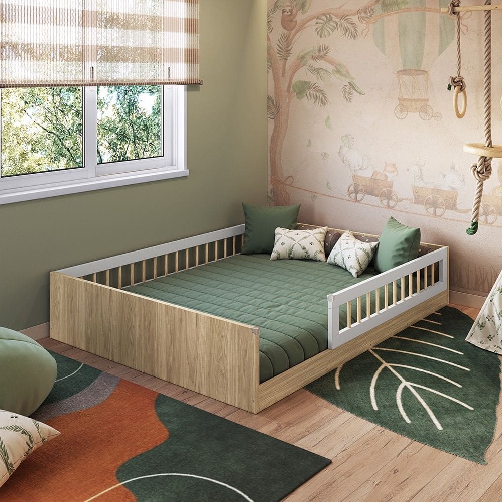 Cama Montessoriana de Chão Casal AFT009 Linha Affetto Aveiro OAK Branco Completa Móveis