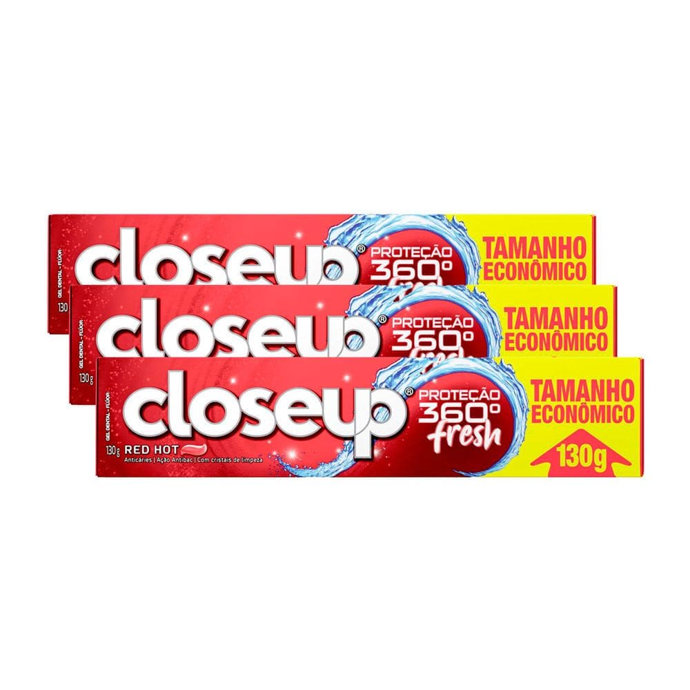 Kit 3 Creme Dental em Gel Closeup Proteção 360º Fresh Red Hot 130g