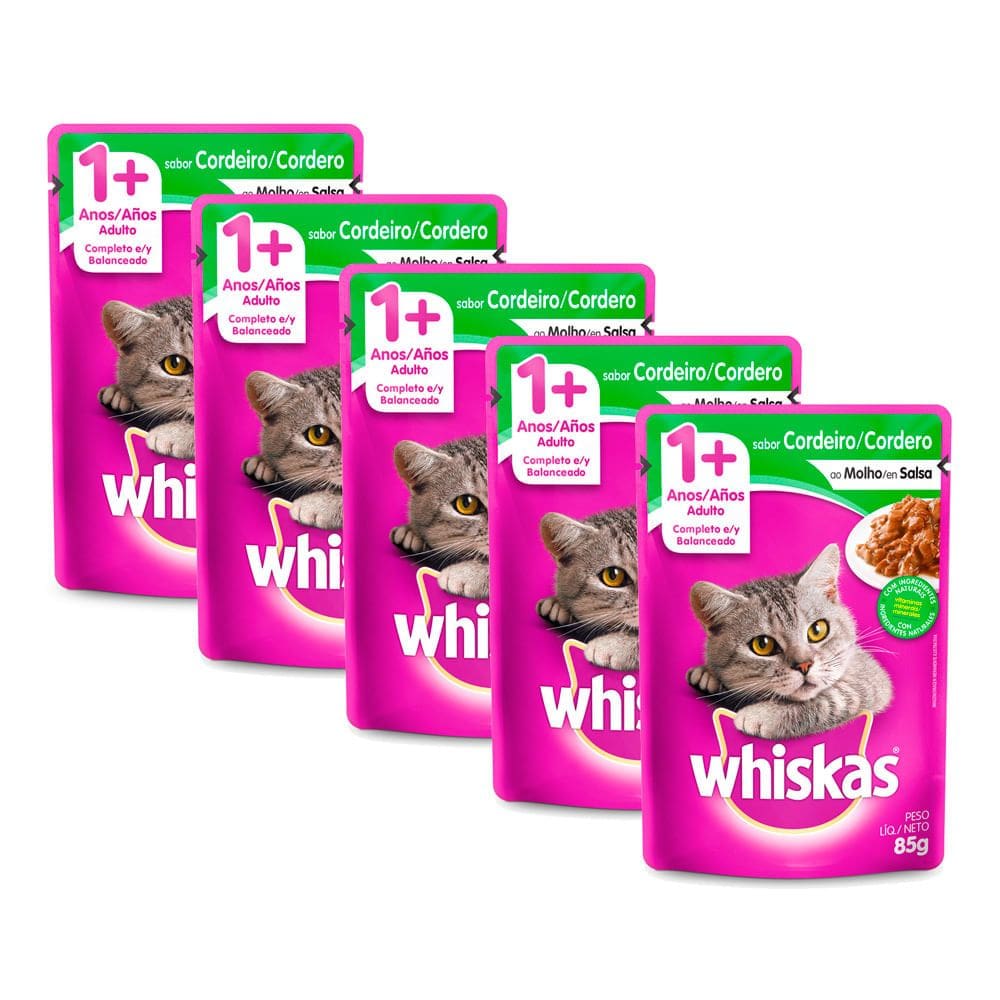 Ração Úmida para Gatos Whiskas Adulto 1+ Anos Sabor Cordeiro ao Molho em Sachê 85g | Kit com cinco unidades
