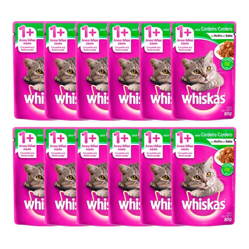 Kit 12 Ração Úmida para Gatos Whiskas Adulto 1+ Anos Sabor Cordeiro ao Molho em Sachê 85g